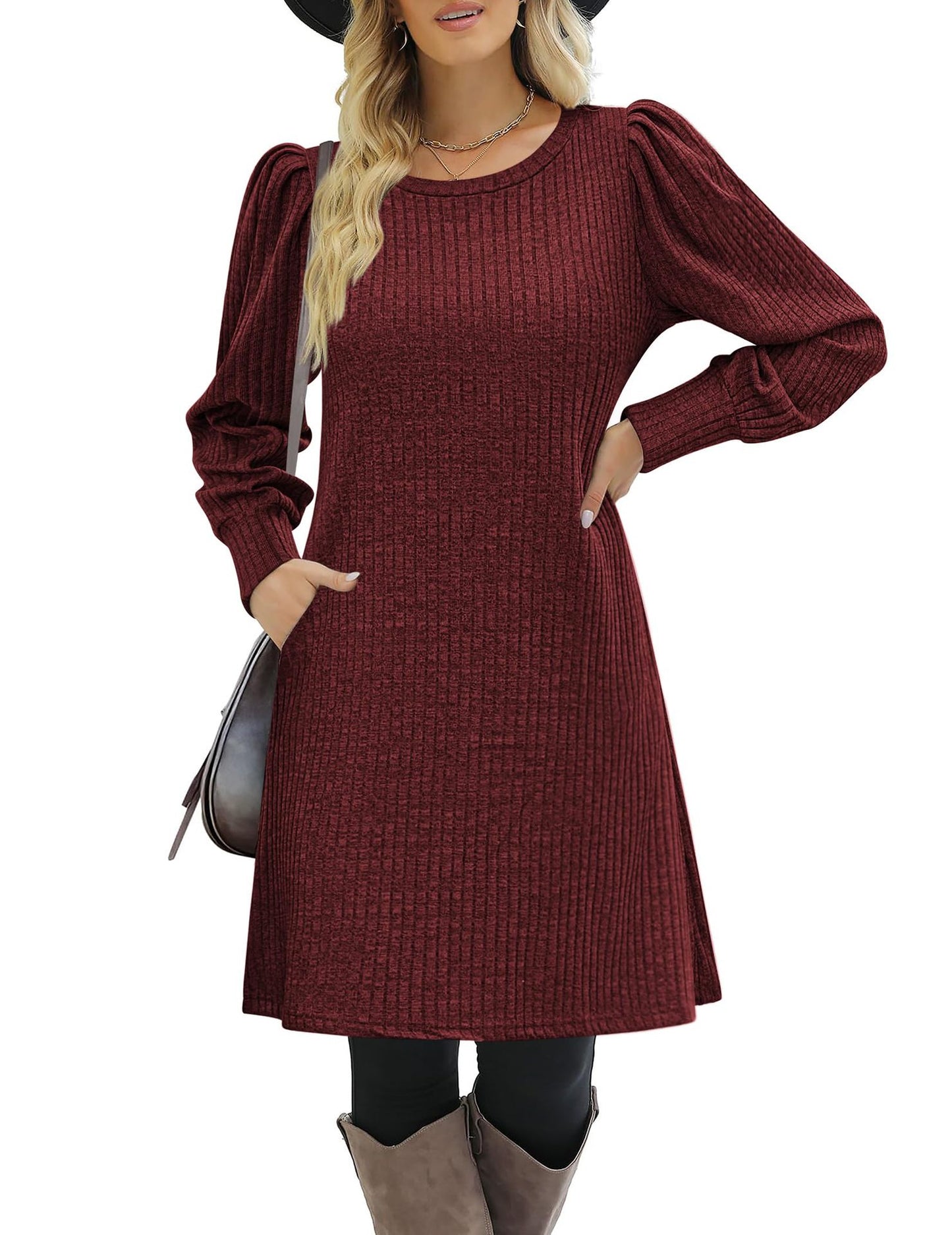 Ribbed Puff Sleeve A-Line Midi Sweater Dress