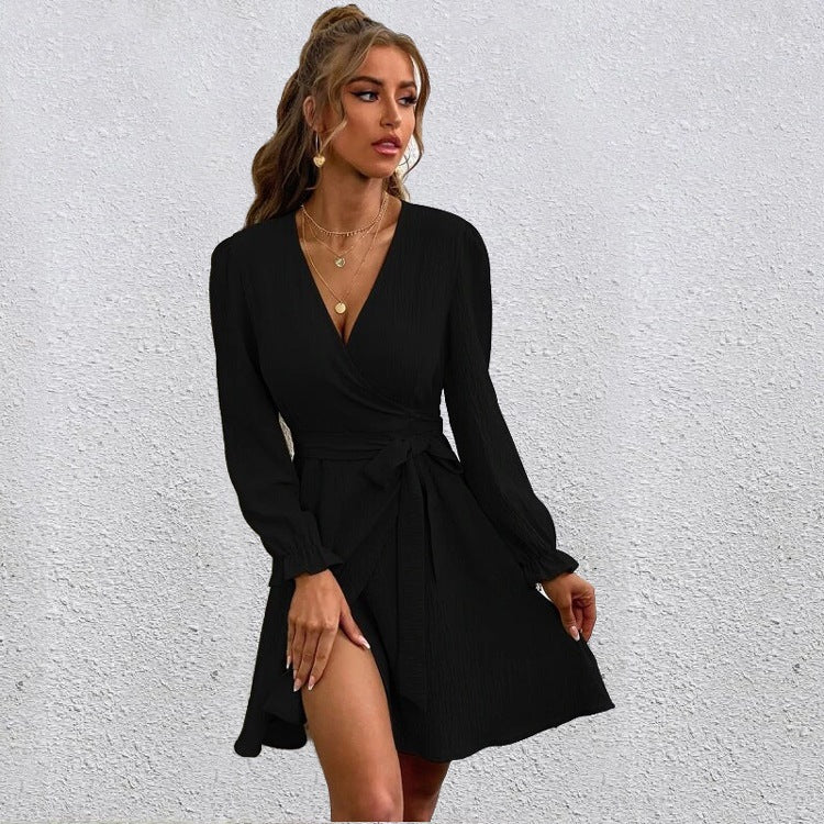 Women's Wrap V-Neck Long Sleeve Tie Waist Dress