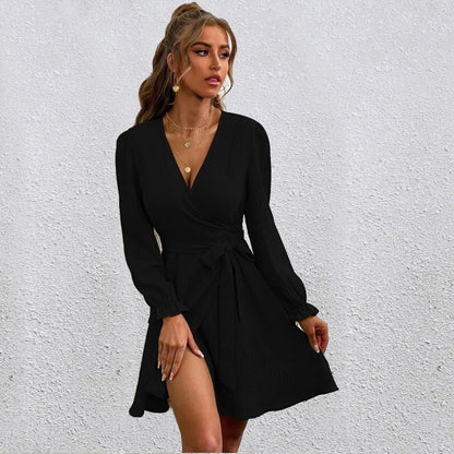 Women's Wrap V-Neck Long Sleeve Tie Waist Dress