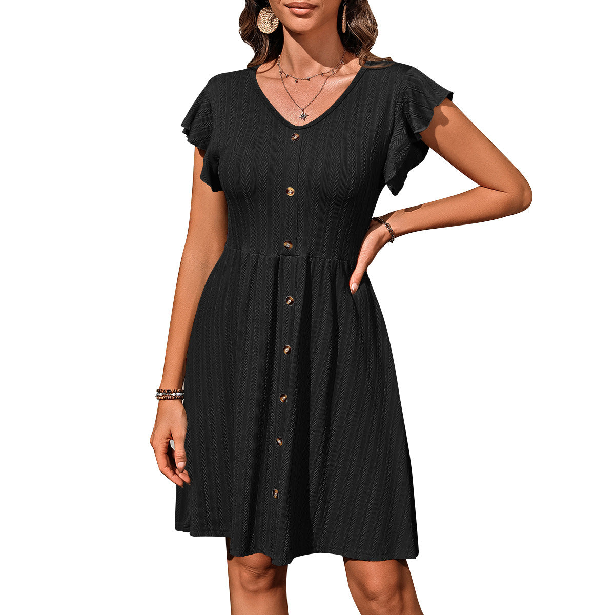 V-Neck Button Elastic Waist Short-Sleeve Dress