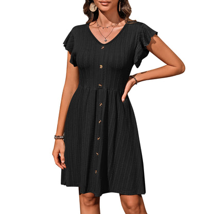 V-Neck Button Elastic Waist Short-Sleeve Dress