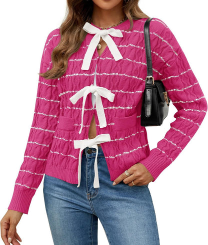 Women's Striped Bow Tie Front Cardigan Sweater