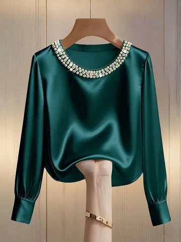 Women's Satin Pearl Neck Long Sleeve Blouse Top