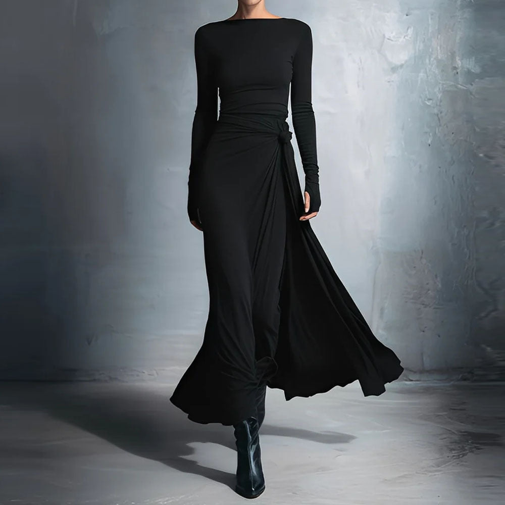 Women's Long Sleeve Knot Waist Maxi Dress A-Line