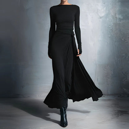 Women's Long Sleeve Knot Waist Maxi Dress A-Line