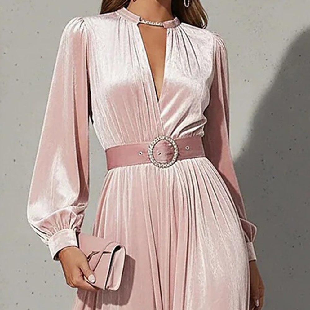 Women's Puff Sleeve V Neck Pleated Belted Maxi Dress