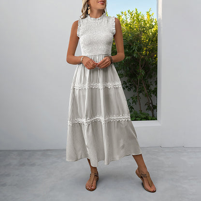 Sleeveless Striped Lace Midi Dress Ruffled A-Line Summer