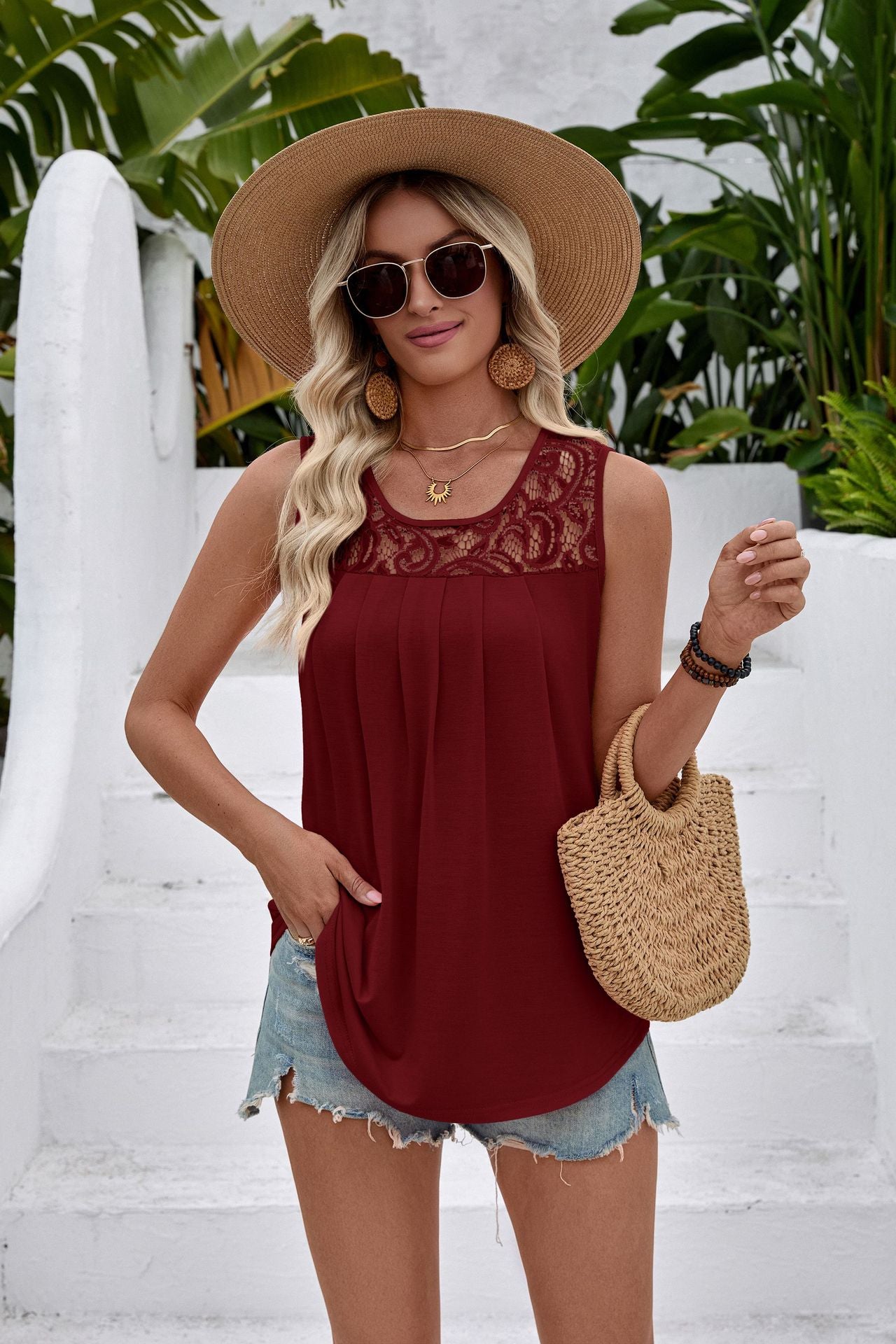 White Lace Yoke Sleeveless Pleated Loose Fit Tank Top
