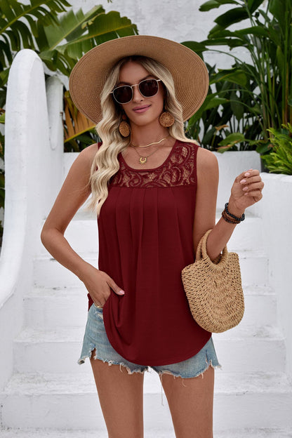 White Lace Yoke Sleeveless Pleated Loose Fit Tank Top