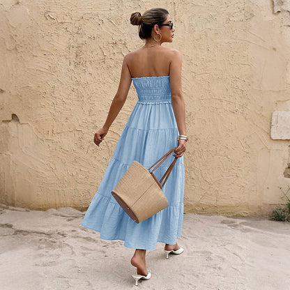 Women Strapless Smocked Tiered Maxi Dress Summer Beach Vacation