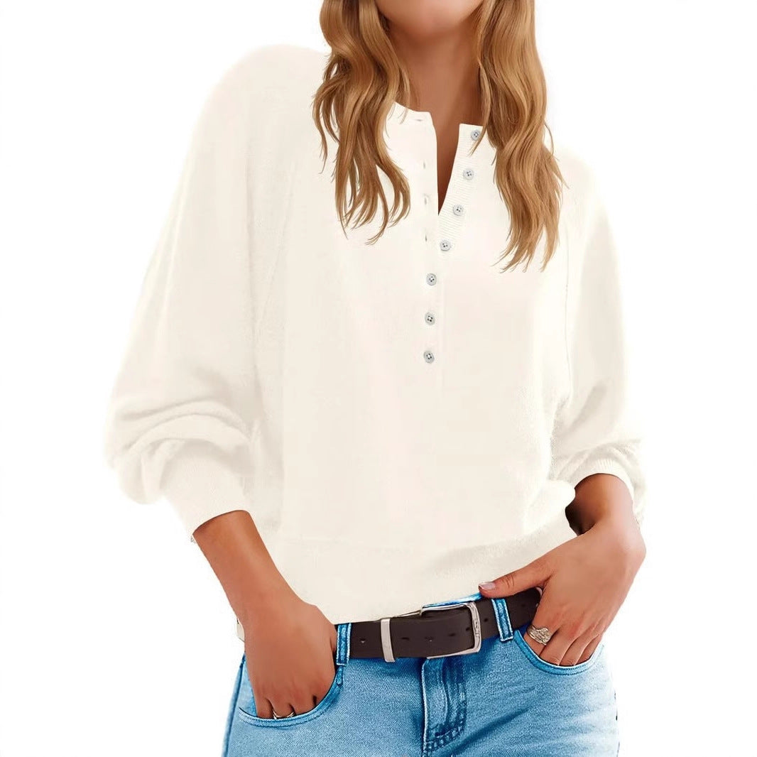 Women's Oversized V-Neck Button Lantern Sleeve Sweater