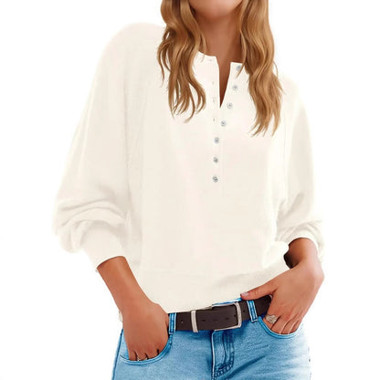 Women's Oversized V-Neck Button Lantern Sleeve Sweater