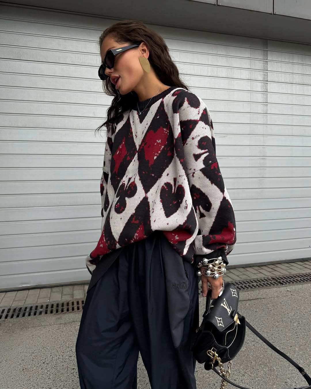 Womens Oversized Vintage Argyle Knit Sweater