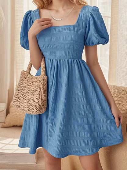 Square Neck Puff Sleeve Fit & Flare Summer Dress