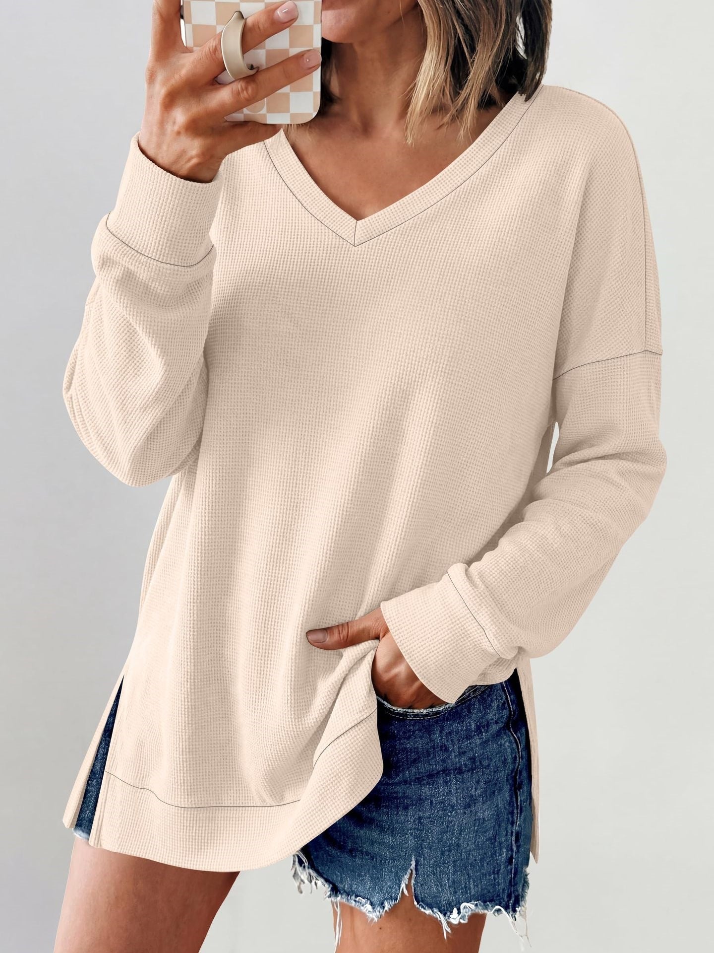 Waffle Knit Top V Neck Side Slit Relaxed Fit