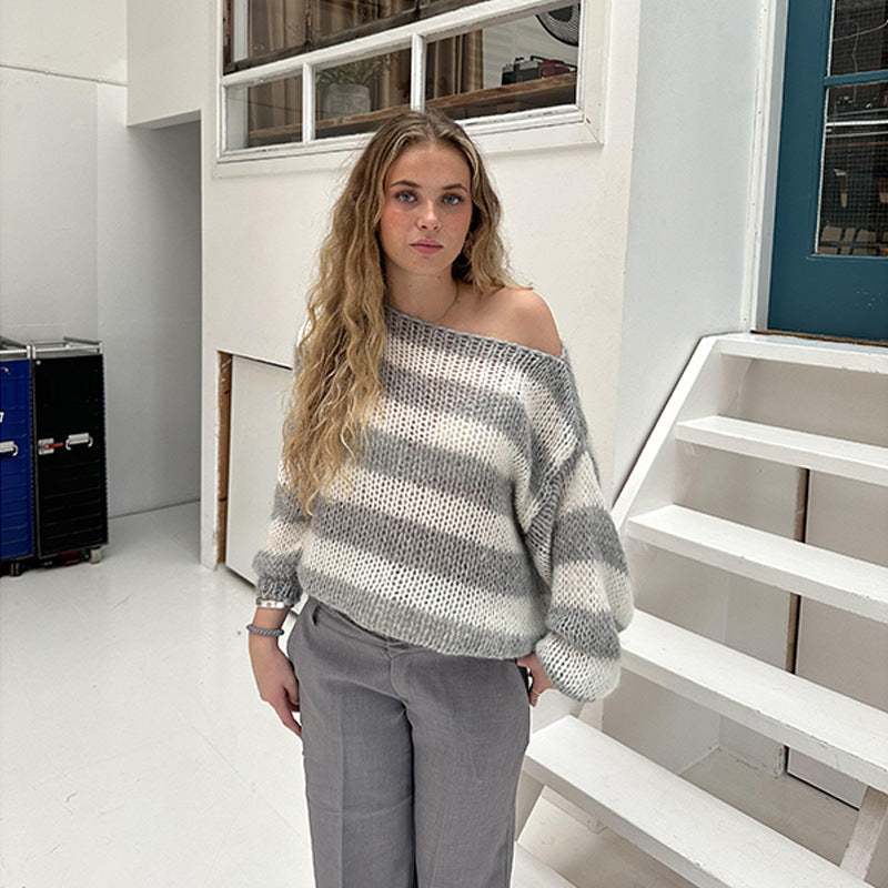 Women's Oversized Striped Chunky Knit Crew Neck Sweater