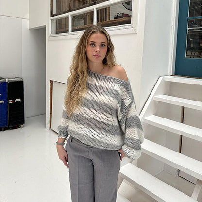 Women's Oversized Striped Chunky Knit Crew Neck Sweater