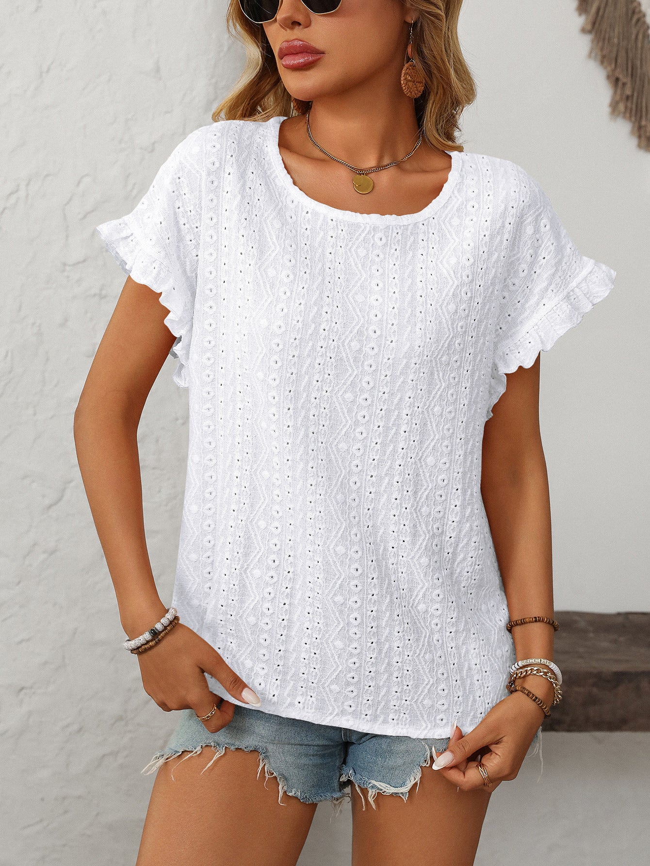 Women’s Eyelet Knit Crewneck Ruffle Sleeve Summer Top