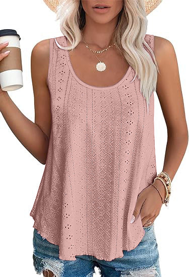 Eyelet Knit Tank Top Sleeveless Loose Fit Summer Top