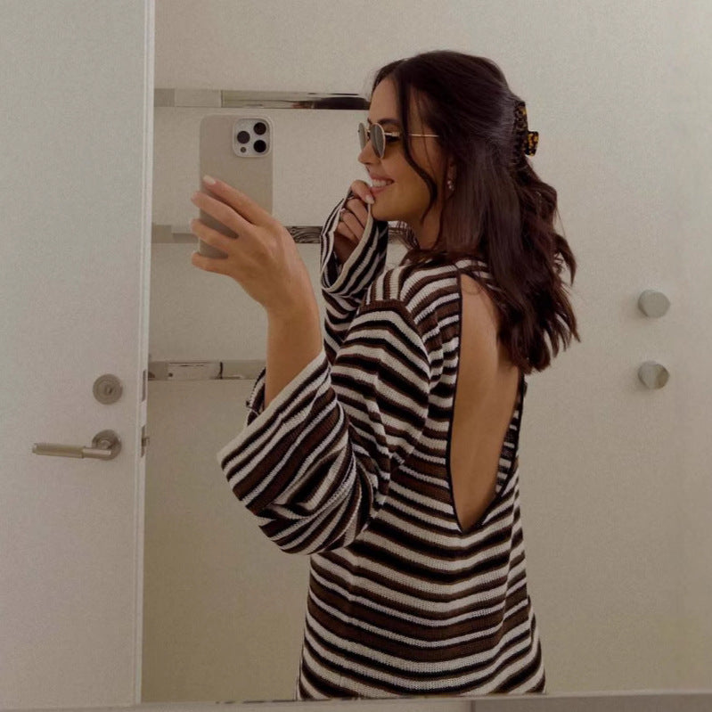 Striped Open Back Long Sleeve Knit Mini Dress