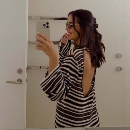 Striped Open Back Long Sleeve Knit Mini Dress