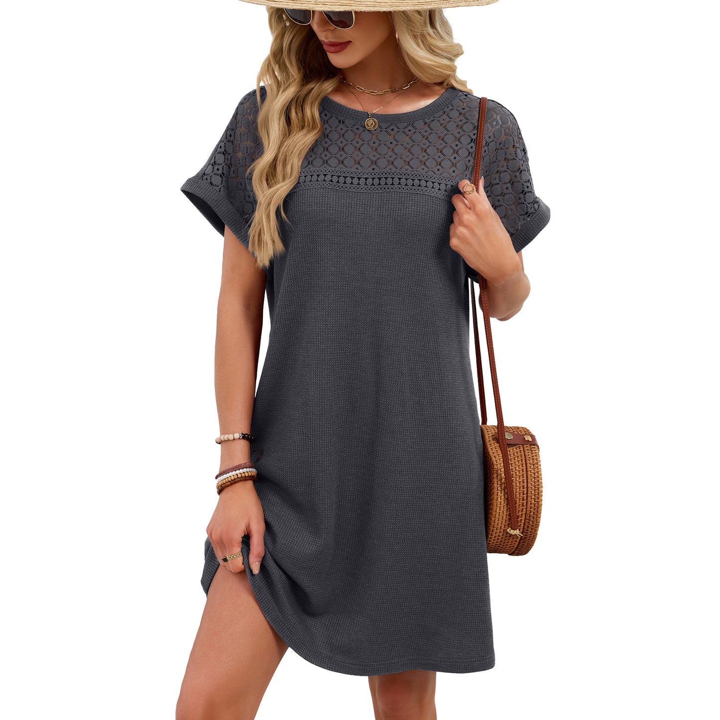 Blue Gray Yoke Loose T Shirt Dress Crew Neck