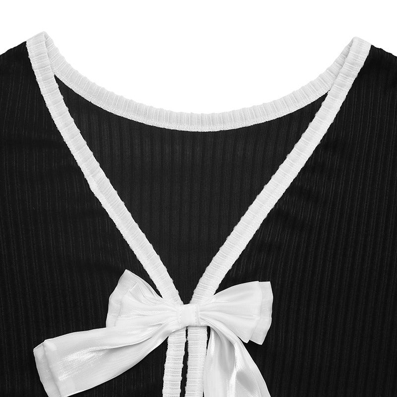 Open Back Bow Tie Contrast Ribbed Long Sleeve Top