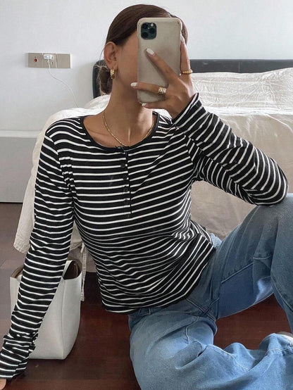 Striped thermal Henley top long sleeve fitted style