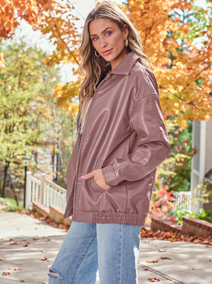 Women's Oversized Faux Leather Moto Jacket Zip Up
