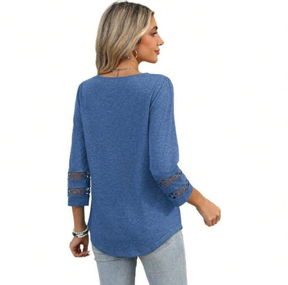 Women's V Neck 3/4 Sleeve Crochet Trim Loose Casual Blouse