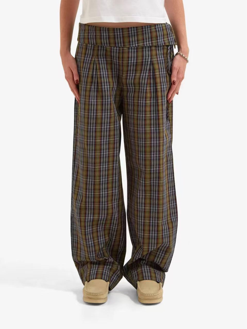 Women's Plaid Wide Leg Pants Casual Loose Fit