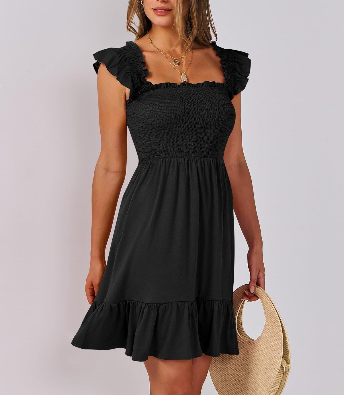 Smocked Square Neck Ruffle Sleeve Midi Dress