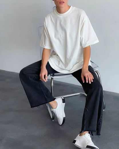 Solid Cotton T Shirt Loose Fit Crewneck Casual Top