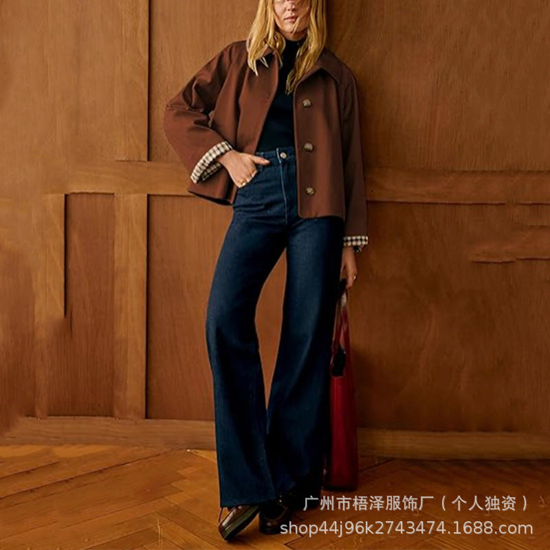 Women's Cropped Trench Jacket Lapel Button Front