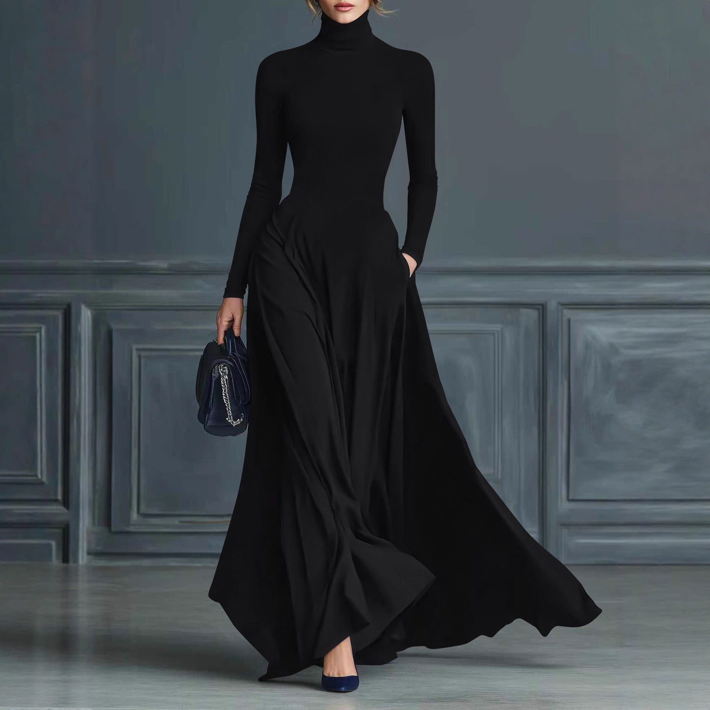Women's Turtleneck Long Sleeve Fit and Flare Maxi Dress