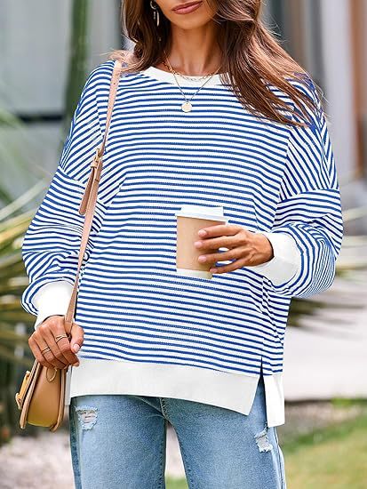 Oversized Waffle Knit Striped Crewneck Side Slit Pullover