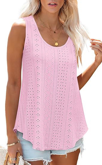 Eyelet Knit Tank Top Sleeveless Loose Fit Summer Top