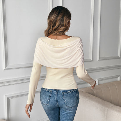 Elegant Drape Neck Long Sleeve Fitted Top for Women