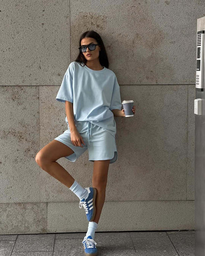 Cotton Two Piece Set T Shirt Shorts Casual Lounge Outfit