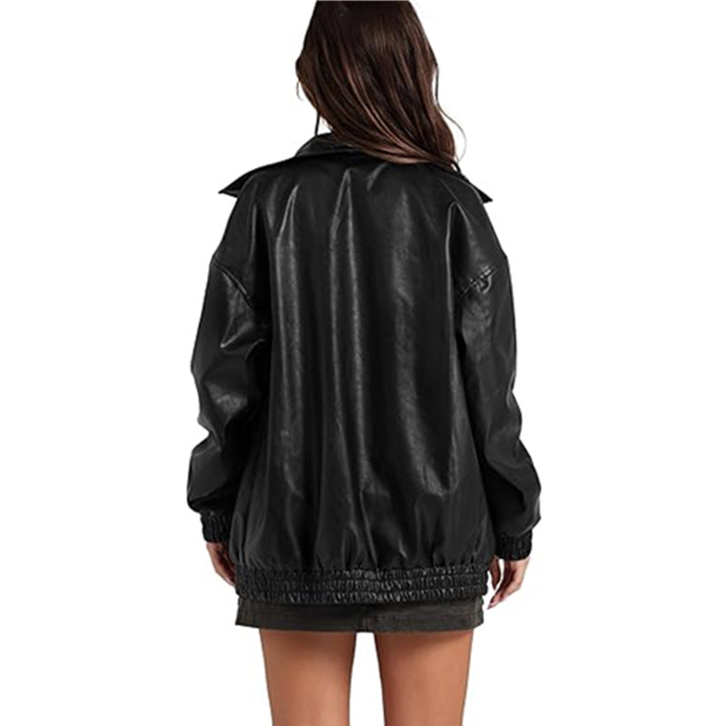 Women's Oversized Faux Leather Jacket Zip Up Collared