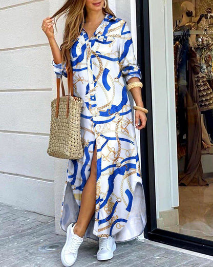 Women's Long Sleeve Button Down Printed Maxi Shirt Dress