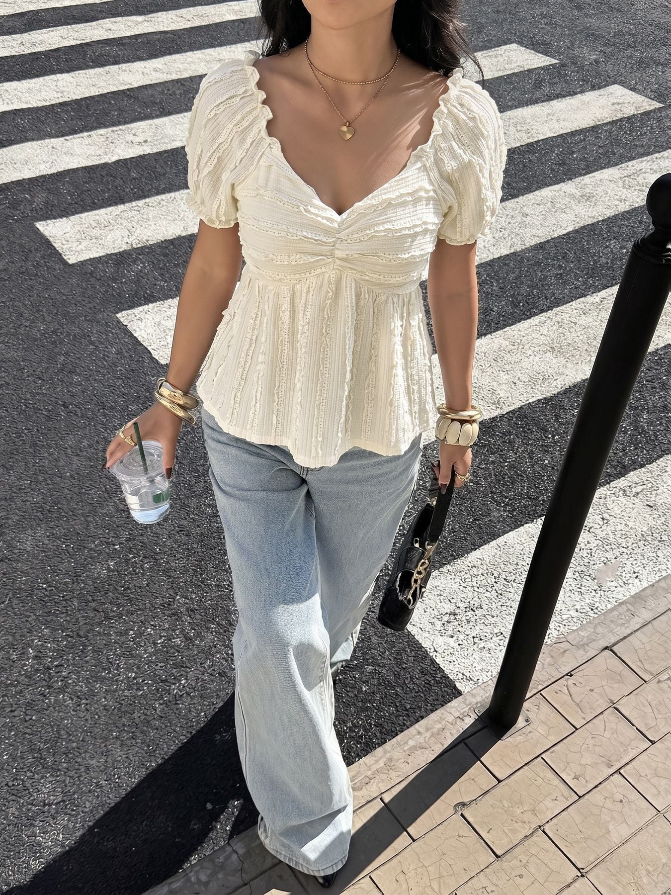Textured V Neck Puff Sleeve Peplum Blouse Summer Top