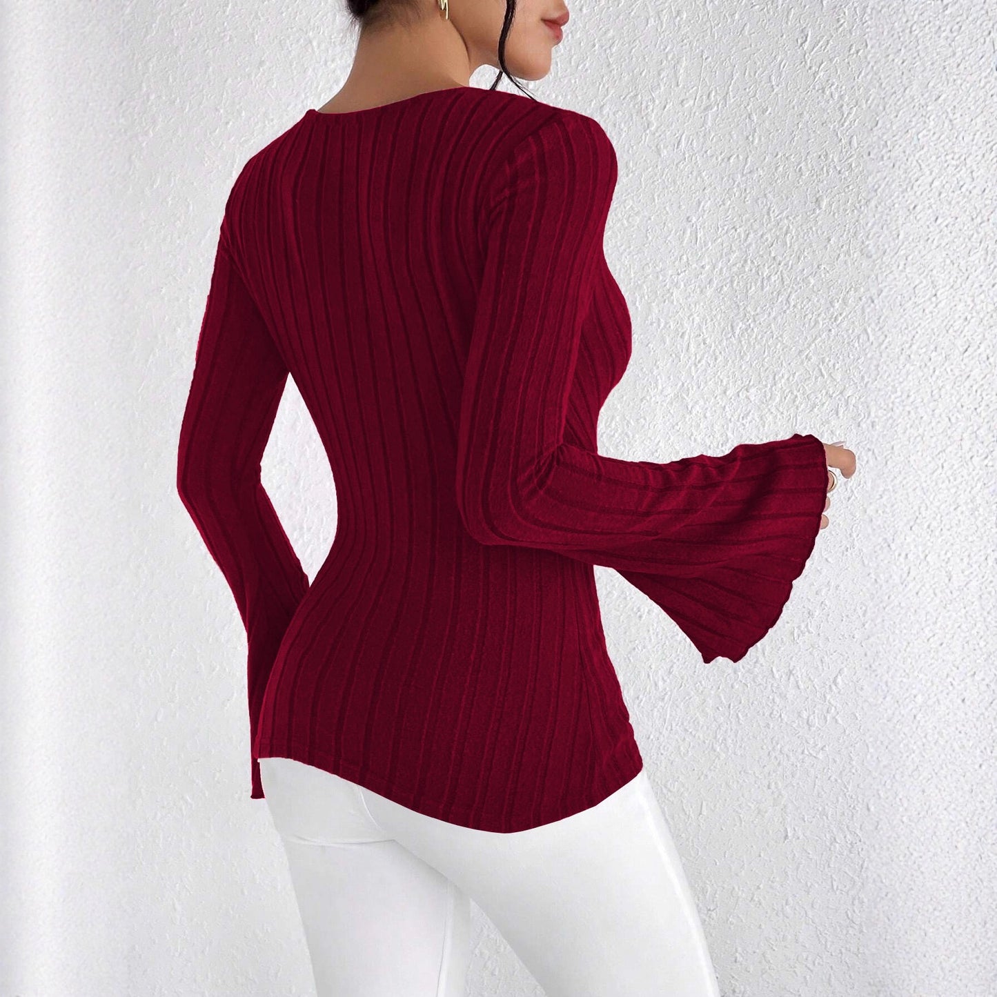 Women's Ribbed V Neck Flare Sleeve Fitted Top