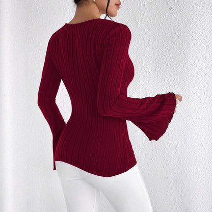 Women's Ribbed V Neck Flare Sleeve Fitted Top
