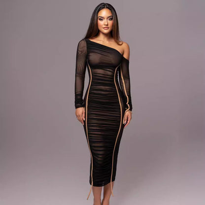 One Shoulder Ruched Mesh Bodycon Midi Dress Long Sleeve