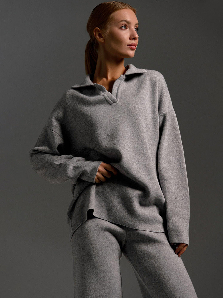 Women's Polo Knit Sweater Set with Wide Leg Pants