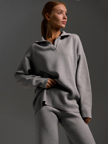 Women's Polo Knit Sweater Set with Wide Leg Pants