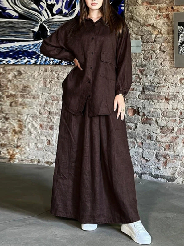 Plus Size Cotton Linen Button Shirt Long Skirt Set