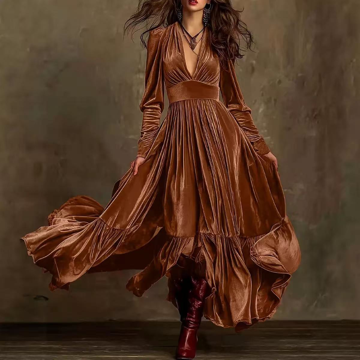 Women's Velvet Tiered Maxi Dress V Neck Long Sleeve