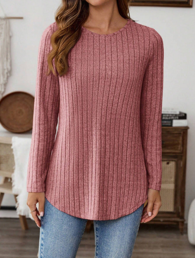 Women's Ribbed Crew Neck Button Back Long Sleeve Tunic Top
